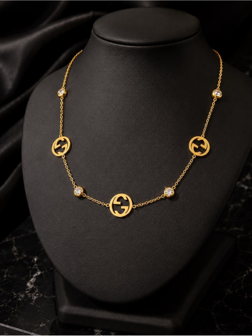 Luxury Gold Plated Interlocking Double G Necklace with Crystal Accents